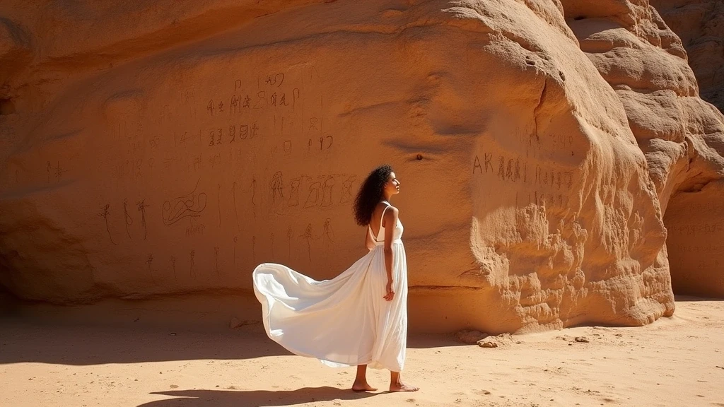 Elegante Frau vor Nabatäischen Felsinschriften in Wadi Rum, Jordanien zur goldenen Stunde