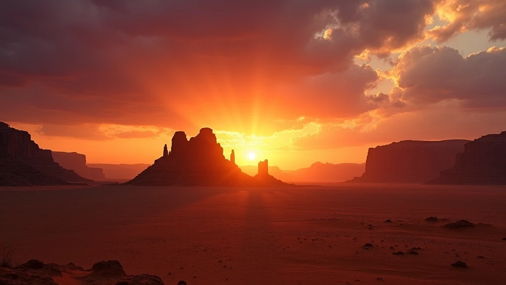 Sonnenuntergang ueber den Seven Pillars of Wisdom Felsen in Wadi Rum, Jordanien mit dramatischem Himmel