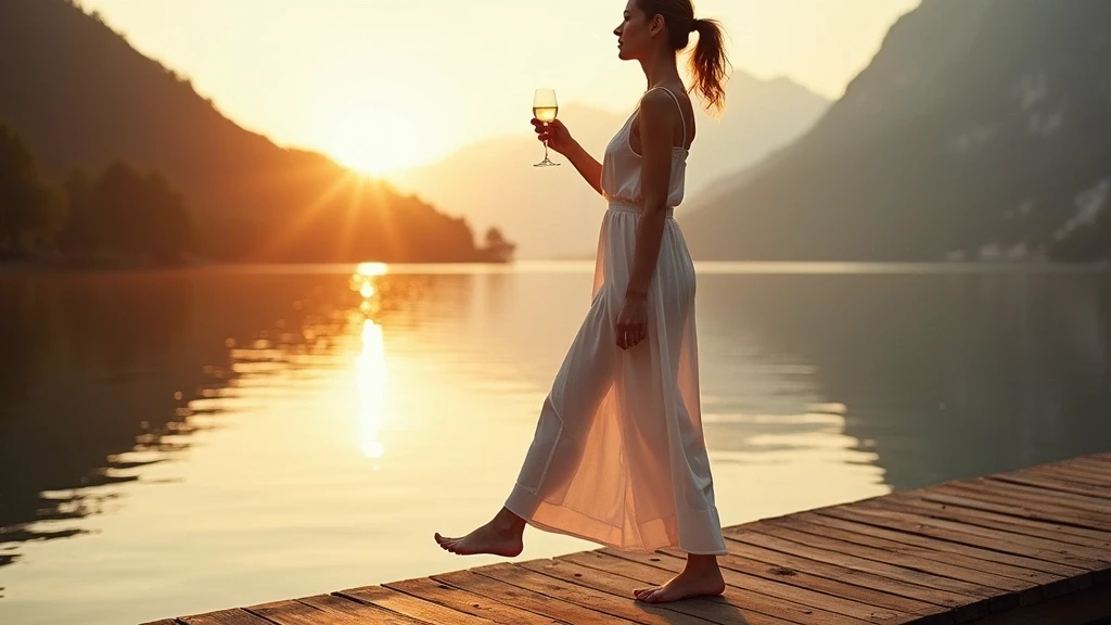 Elegante Frau auf Holzsteg am See in Waldhaus am See geniesst Wein bei Sonnenuntergang