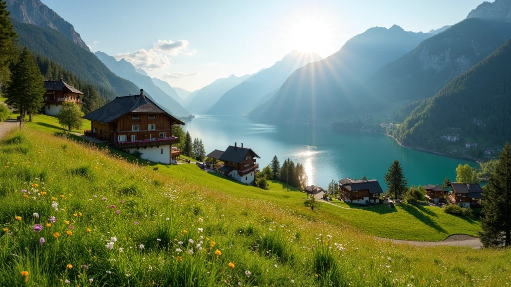 Panoramablick auf das Tal von Waldhaus am See mit Alpensee, Wiesen und traditionellen Chalets