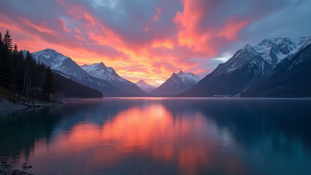 Sonnenuntergang über dem Alpensee in Waldhaus am See mit farbenfrohem Himmel und Bergsilhouetten