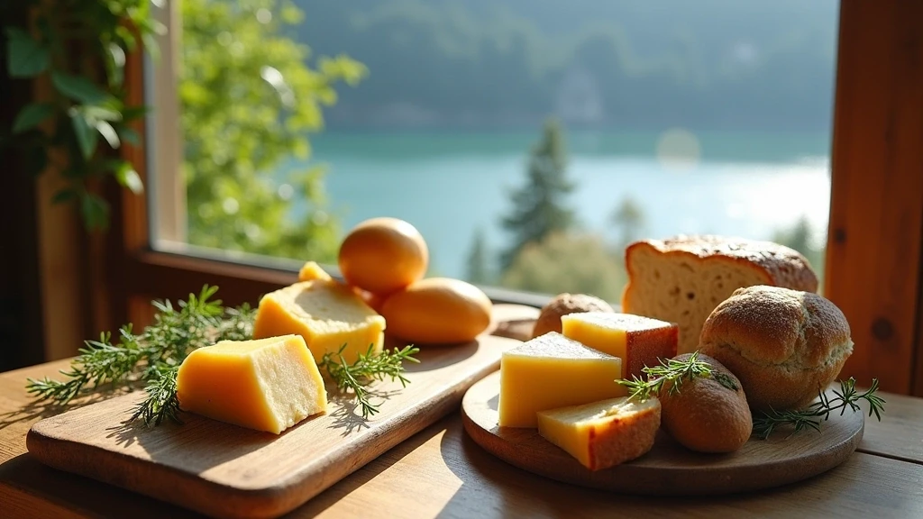 Traditionelle oesterreichische Kuese auf handgefertigtem Holztisch mit Seeblick in Waldhaus am See