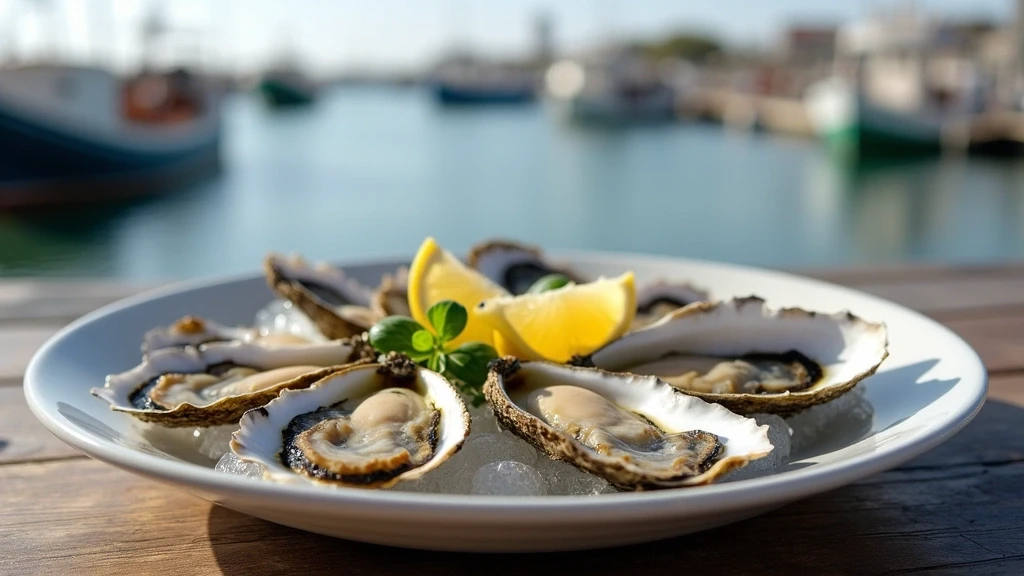 Detailaufnahme frischer Austern auf Eis in Walvis Bay mit Hafenblick, Gourmet-Stil