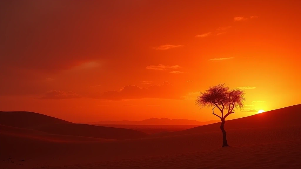 Einsamer Kameldornbaum vor dramatischem Sonnenuntergang ueber den Namib-Sandduenen in Walvis Bay
