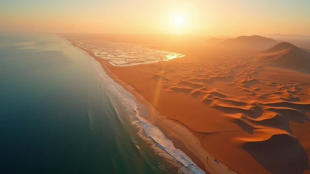 Dramatische Luftaufnahme von Walvis Bay, Namibia: Ozean, Sandduenen und Salzpfannen zur goldenen Stunde
