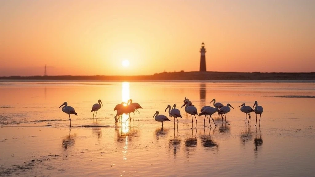 Goldene Stunde am Pelican Point Leuchtturm in Walvis Bay mit Flamingos in der Lagune