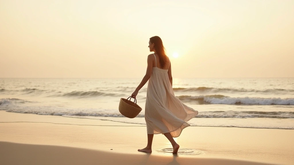 Elegante Frau in fliessendem Leinenkleid am einsamen Strand von Walvis Bay bei Sonnenaufgang