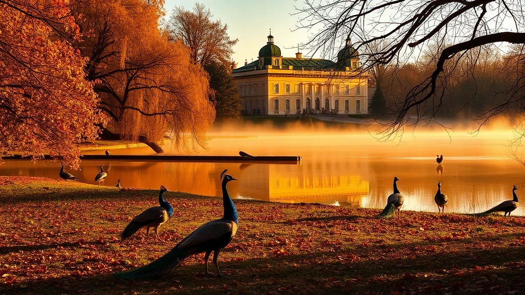 Goldene Stunde im Lazienki-Park Warschau mit Palast auf dem Wasser und Pfauen
