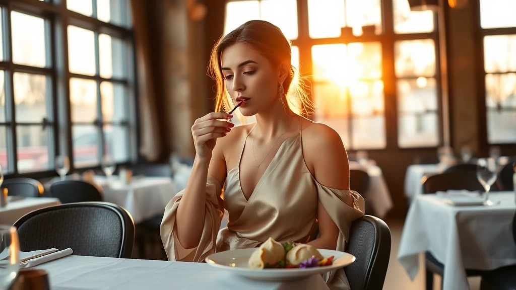 Elegante Frau geniesst traditionelle Pierogi in Warschauer Restaurant bei goldener Stunde