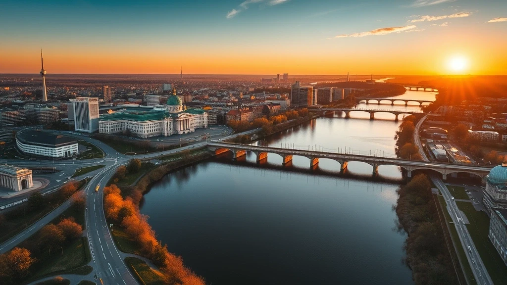 Luftaufnahme der Weichsel in Warschau zur goldenen Stunde mit Skyline und historischen Bruecken