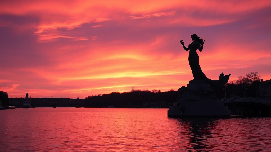 Sonnenuntergang ueber der Weichsel in Warschau mit Warschauer Meerjungfrau-Silhouette
