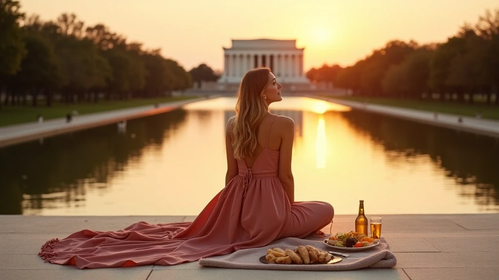 Elegante Frau im fliessenden Kleid auf den Stufen des Lincoln Memorial in Washington D.C. bei Sonnenuntergang