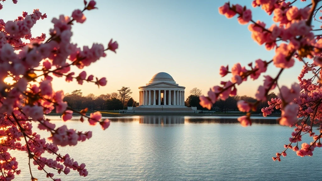 Panorama des Tidal Basin mit Kirschblueten und Jefferson Memorial zur goldenen Stunde in Washington D.C.