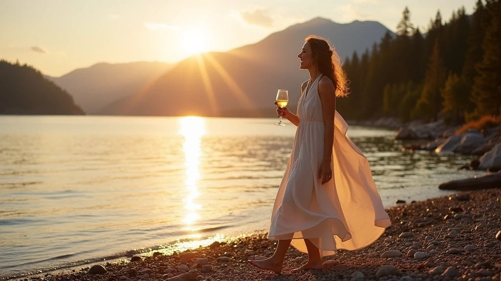 Elegante Frau am Middle Waterton Lake im Waterton Lakes National Park bei Sonnenuntergang