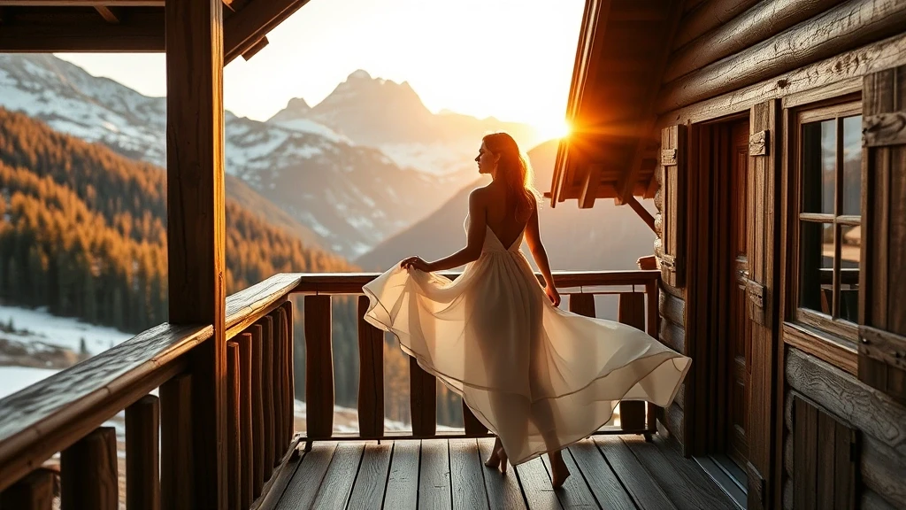 Elegante Frau auf Almhutten-Balkon mit Blick auf den Watzmann