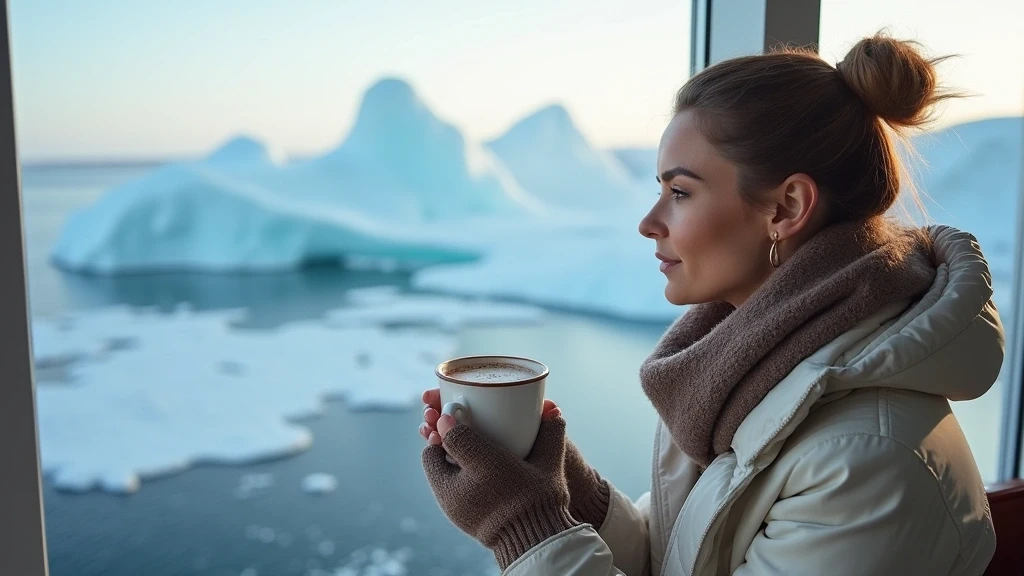 Elegante Frau geniesst Gourmet-Heissgetraenk am Weddell-Meer, Antarktis