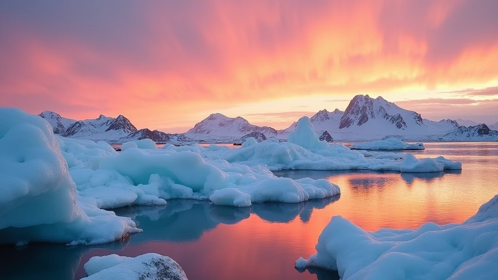 Sonnenuntergang ueber dem Weddell-Meer in der Antarktis mit Eisformationen