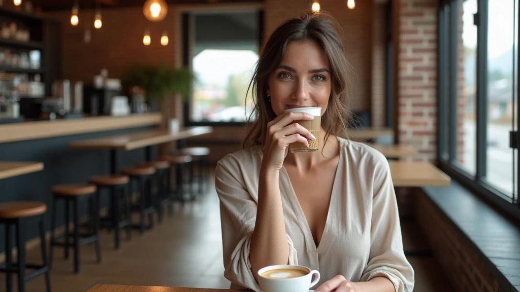 Elegante Frau geniesst Kaffee in einem stylischen Cafe in Wellington, Neuseeland