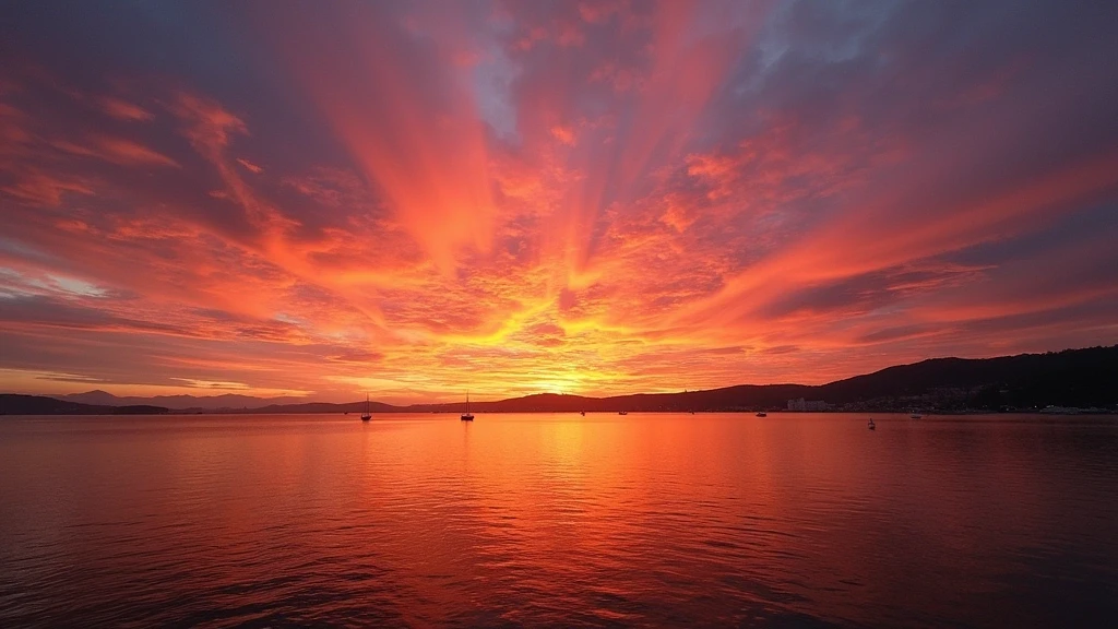 Sonnenuntergang ueber Oriental Bay in Wellington mit Spiegelungen im Wasser und Segelboot-Silhouetten