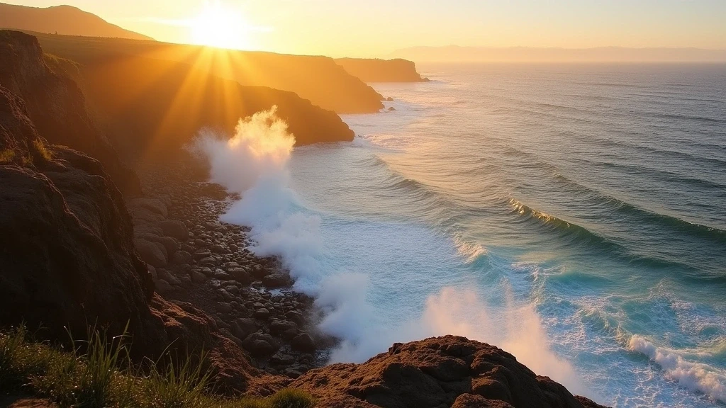 Goldene Stunde an der Kueste von Wellington bei Red Rocks mit Wellen und Klippen