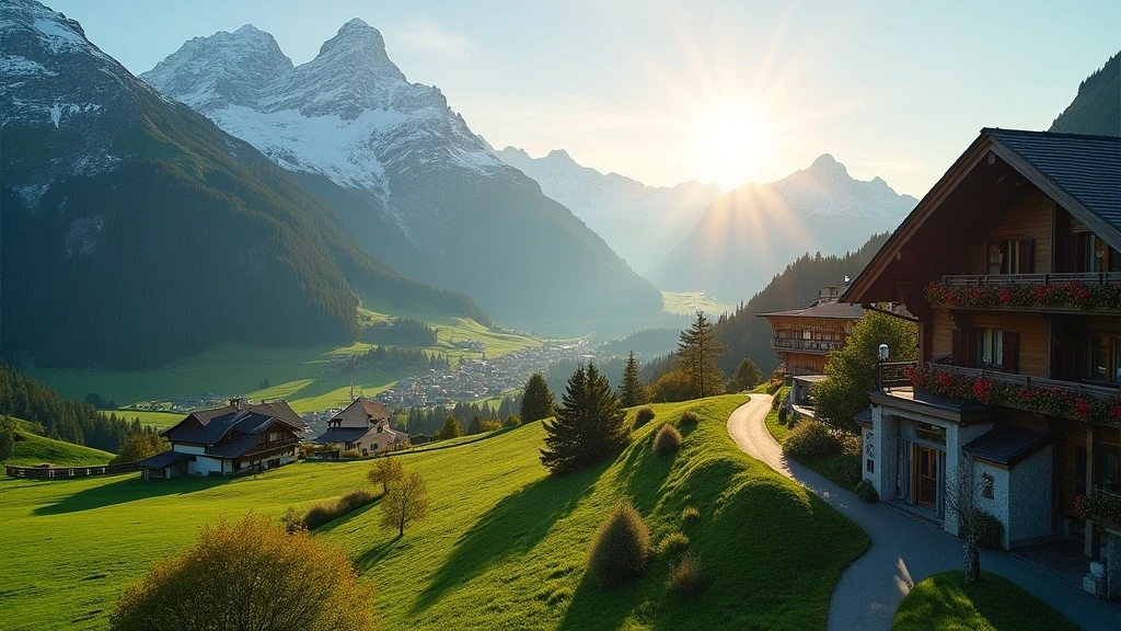 Luftaufnahme von Wengen mit Jungfrau-Gipfeln zur goldenen Stunde im Berner Oberland