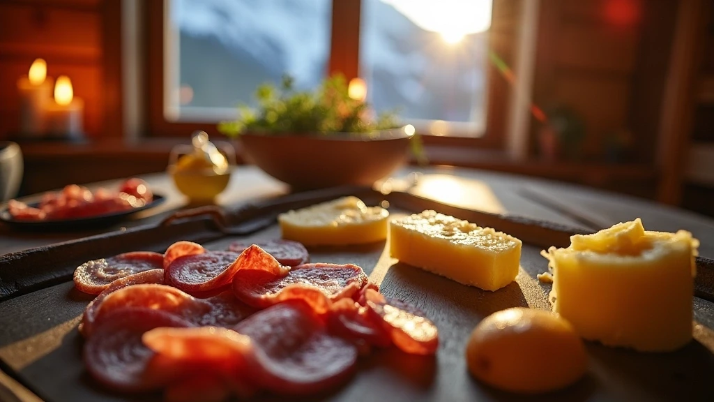 Traditionelles Schweizer Raclette-Essen auf Holztisch in Wengen-Chalet mit Bergblick
