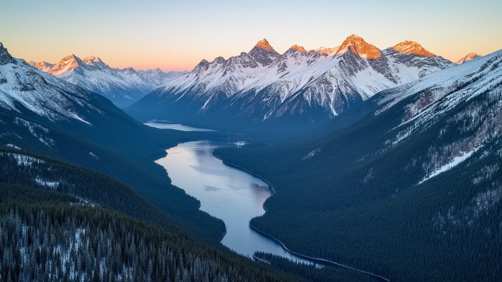 Luftaufnahme der schneebedeckten Coast Mountains in Whistler zur goldenen Stunde