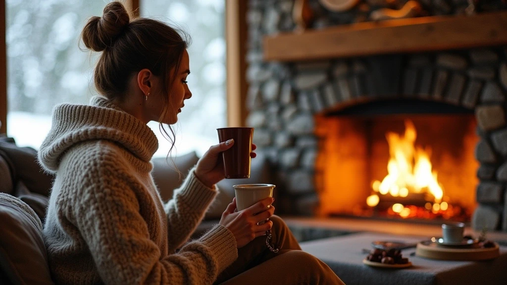 Elegante Frau geniesst heisse Schokolade in einer Luxus-Lodge in Whistler