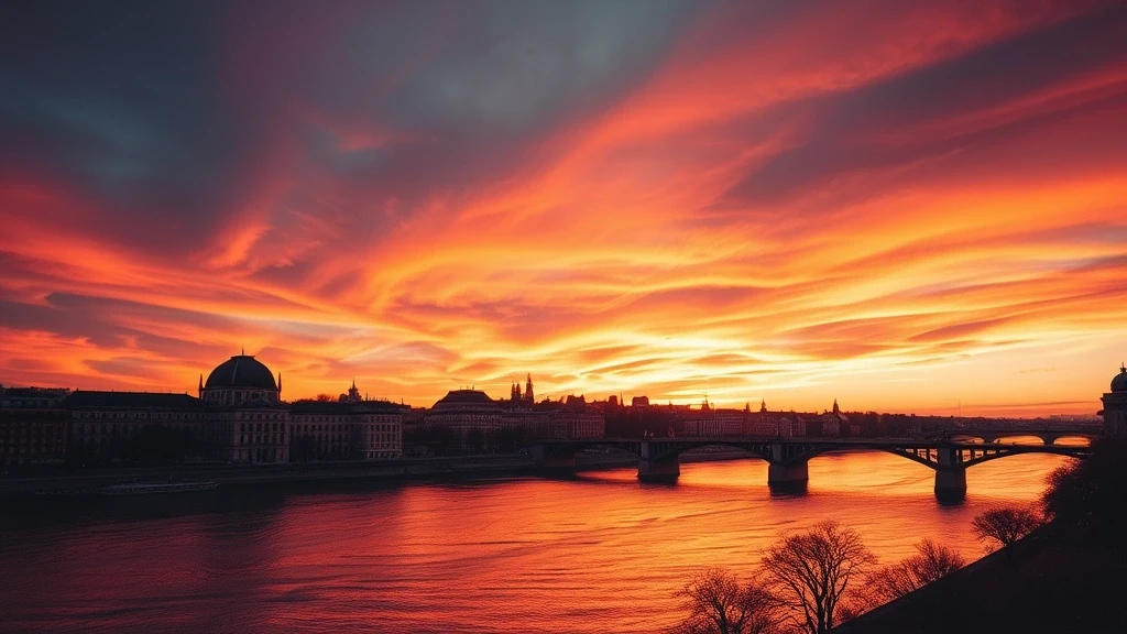 Donau bei Sonnenuntergang mit goldenem Himmel in Wien, Österreich