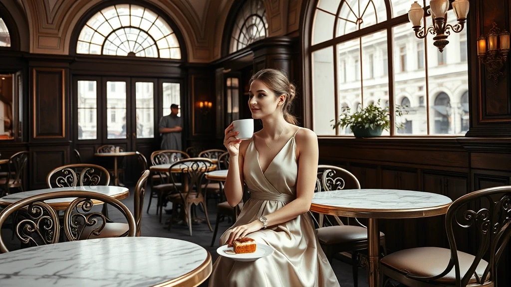 Elegante Frau geniesst Wiener Kaffeehauskultur in Wien, Österreich