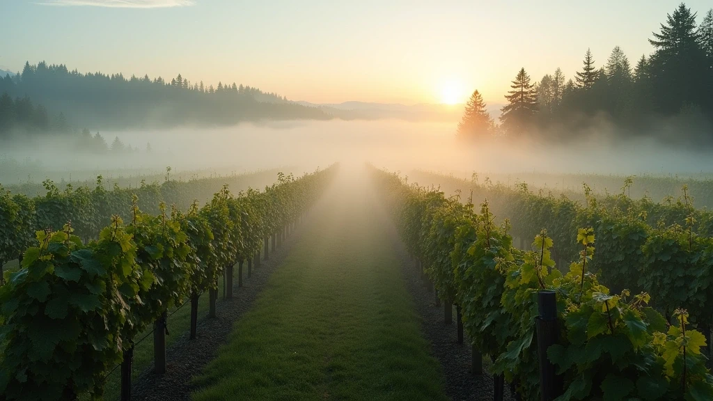Morgennebel in den Weinbergen der Willamette Valley mit Tannenwald