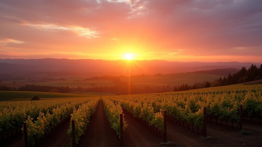 Sonnenuntergang ueber Weinbergen in der Willamette Valley mit goldenem Licht