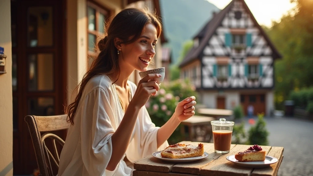 Elegante Frau geniesst Schwarzwälder Kirschtorte auf Fachwerk-Cafe-Terrasse in Wolfach