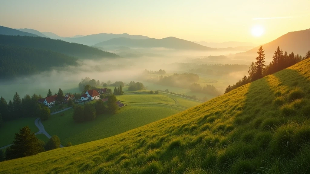 Panoramablick auf das Kinzig-Tal in Wolfach mit gruenen Wiesen und traditionellen Bauernhaeusern