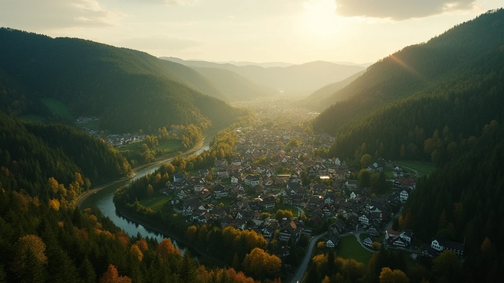 Luftaufnahme der Schwarzwaldlandschaft in Wolfach zur goldenen Stunde mit Kinzig-Tal und Fachwerkhaeusern