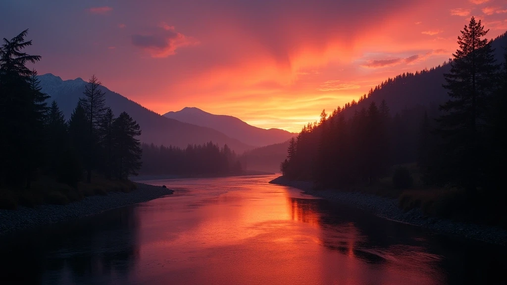 Sonnenuntergang ueber dem Schwarzwald in Wolfach mit Kinzig-Fluss und Kiefern-Silhouetten