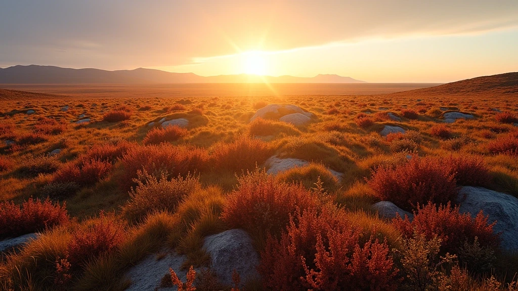 Goldene Stunde in der arktischen Tundra der Wrangel-Insel mit Permafrost-Polygonen