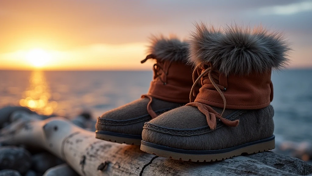 Traditionelle Tschuktschen-Stiefel und Arktis-Kleidung auf Treibholz auf Wrangel-Insel