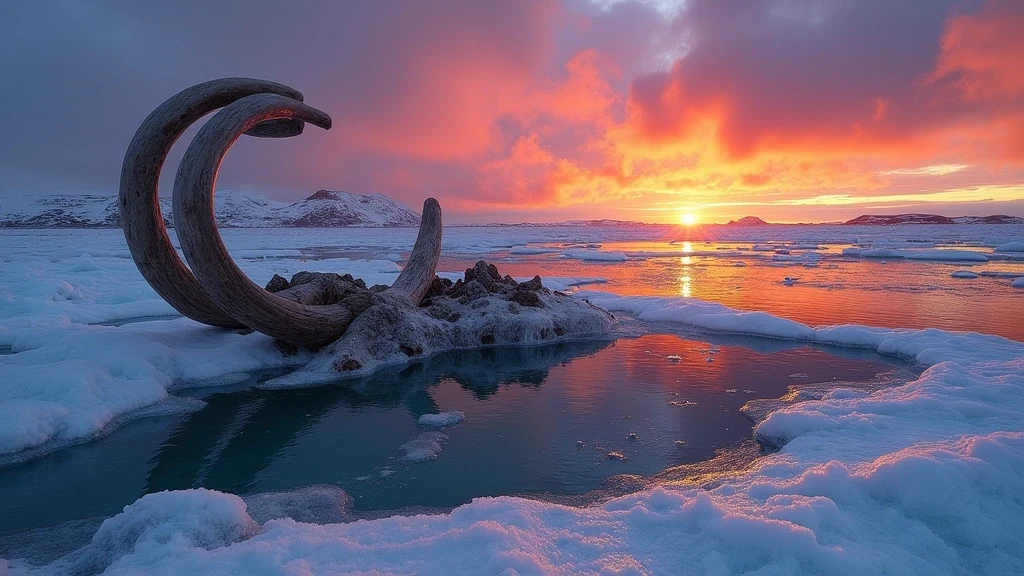 Sonnenuntergang ueber Mammut-Stosszaehne im Permafrost auf Wrangel Island
