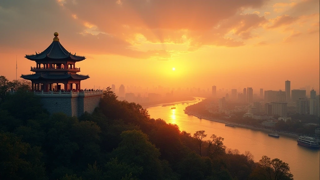Gelbe-Kranich-Turm in Wuhan bei goldener Stunde mit Blick auf den Yangtze-Fluss