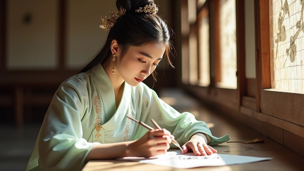 Model in Hanfu-Kleid bei Kalligraphie im Hubei-Provinzmuseum Wuhan