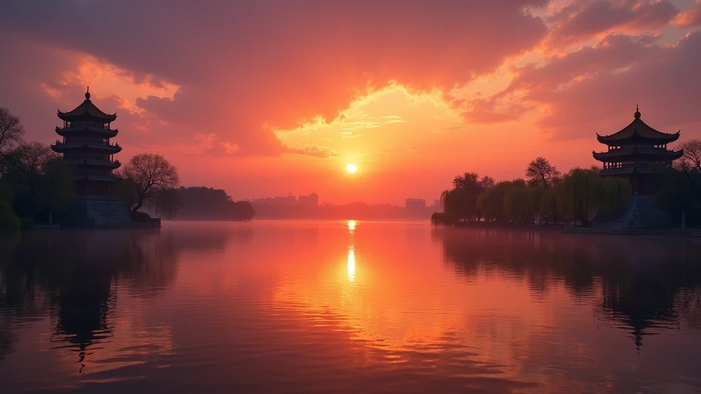 Sonnenuntergang am Ostsee in Wuhan mit Pagoden-Silhouetten und Spiegelungen