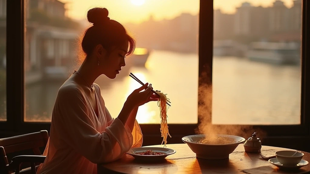 Elegante Frau geniesst Wuhan-Reisnudeln am Flussufer zur goldenen Stunde