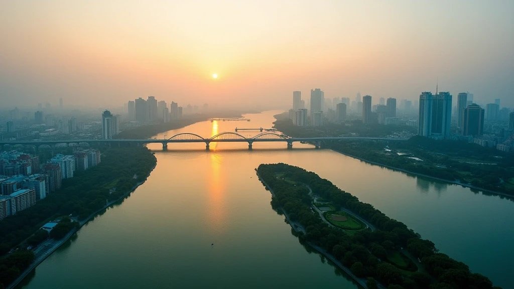 Luftaufnahme des Yangtze-Flusses und der Wuhan-Bruecke zur goldenen Stunde in Wuhan, China