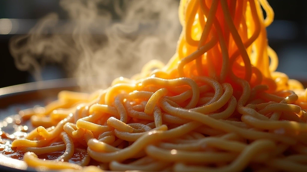 Nahaufnahme von handgezogenen Biangbiang-Nudeln in Xi'an mit Chili-Oel