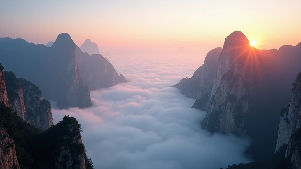 Panoramablick auf den Hua Shan bei Xi'an mit granitenen Gipfeln und Morgennebel