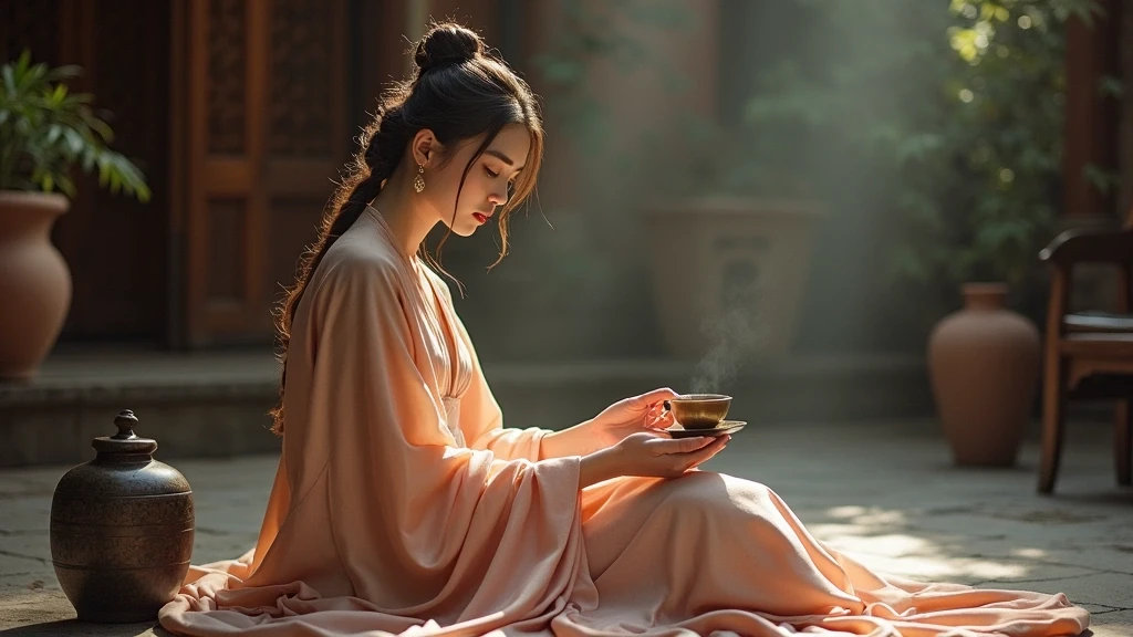 Elegante Frau in Seidenkleid bei traditioneller Teezeremonie in Xi'an Innenhof