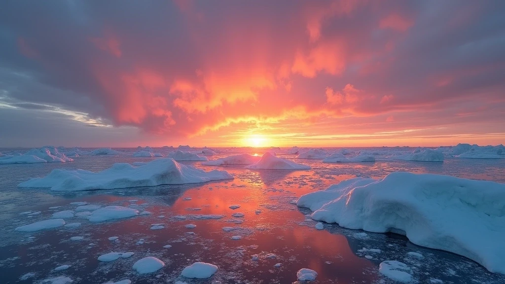 Sonnenuntergang ueber dem Arktischen Ozean mit Eisschollen auf der Jamal-Halbinsel