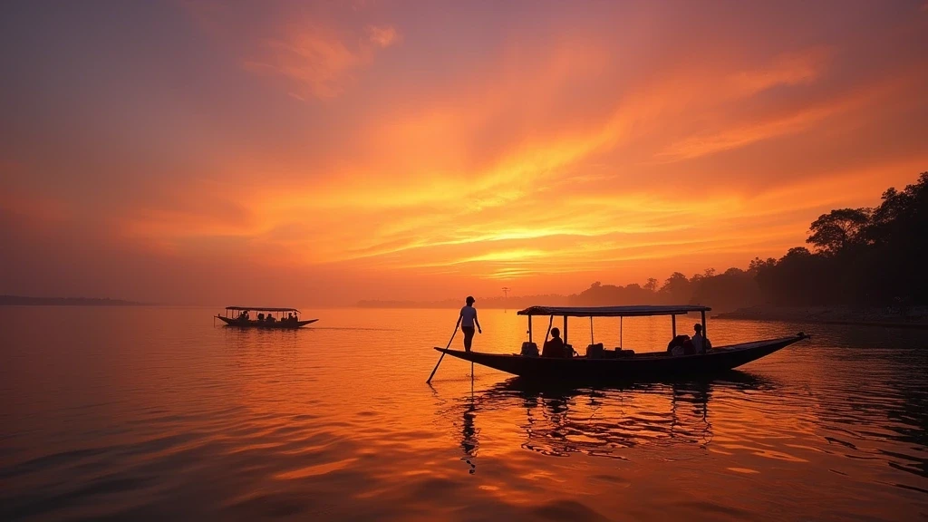 Panoramablick auf den Yangon Fluss bei goldener Stunde mit Fischerbooten, Myanmar