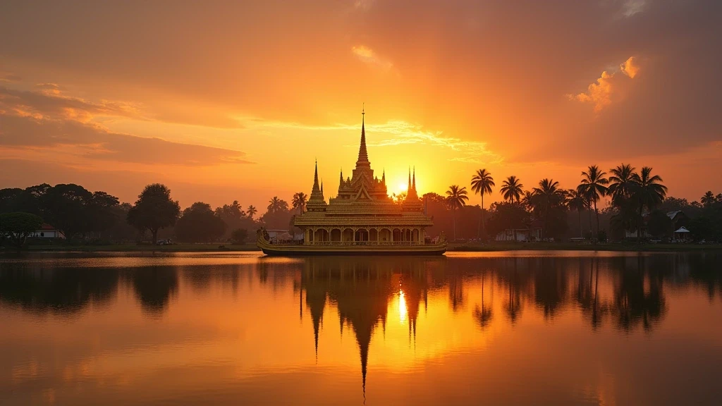 Sonnenuntergang ueber dem Kandawgyi See mit Karaweik Palast in Yangon, Myanmar